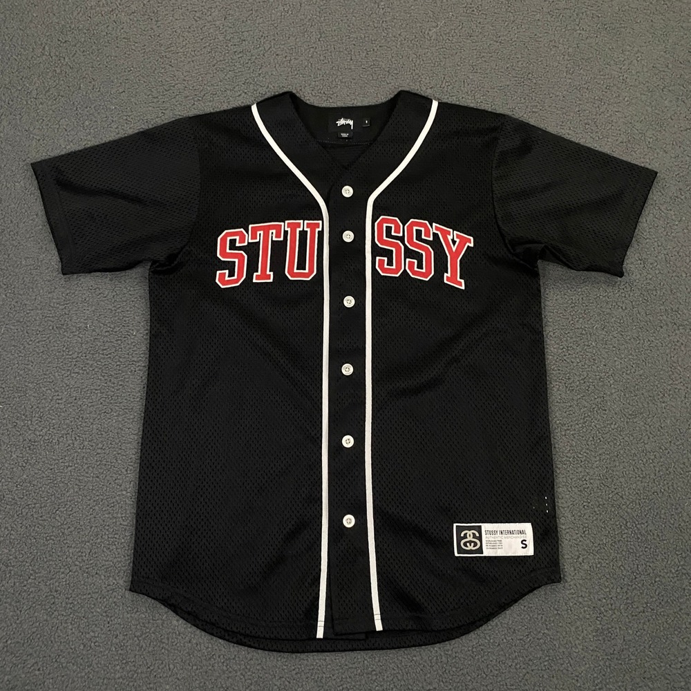 Stussy Baseball Jersey Mens Small Black Mesh Embroidered Logo Streetwear Sporty